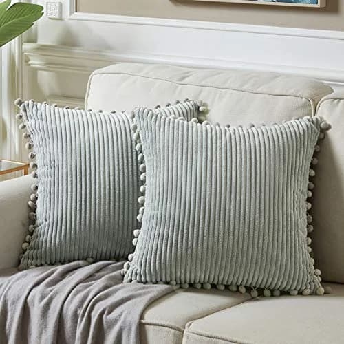 Fancy Homi 18x18 Inch Grey Corduroy Decorative Pillow Cover Pack of 2 | Farmhouse Accent with Pom-poms thumbnail 1