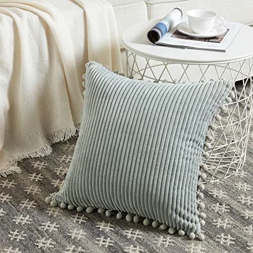 Fancy Homi 18x18 Inch Grey Corduroy Decorative Pillow Cover Pack of 2 | Farmhouse Accent with Pom-poms thumbnail 2