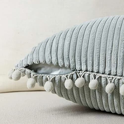 Fancy Homi 18x18 Inch Grey Corduroy Decorative Pillow Cover Pack of 2 | Farmhouse Accent with Pom-poms thumbnail 3