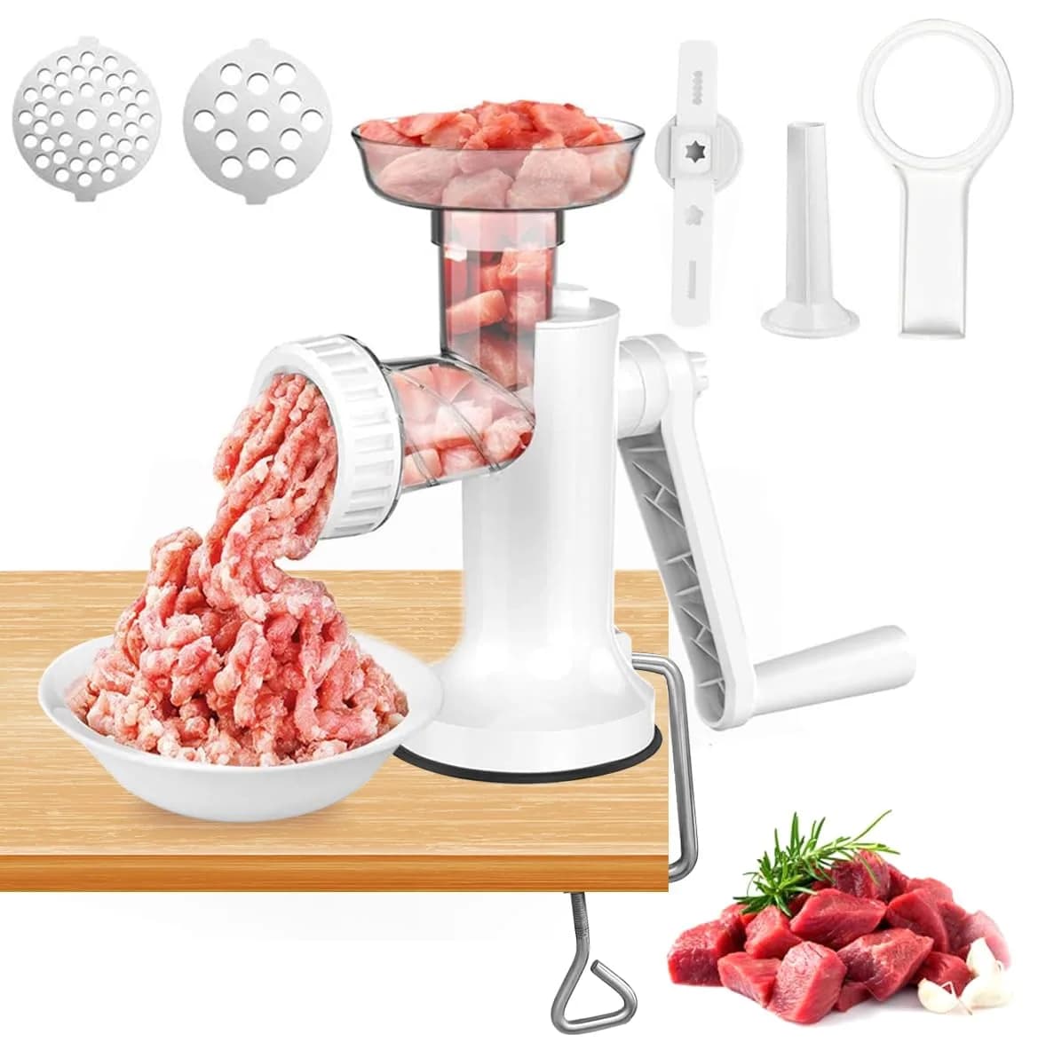 LHS Manual Meat Grinder White with Table Clamp & Sausage Stuffer | Multi-Function Kitchen Tool (3-in-1)
