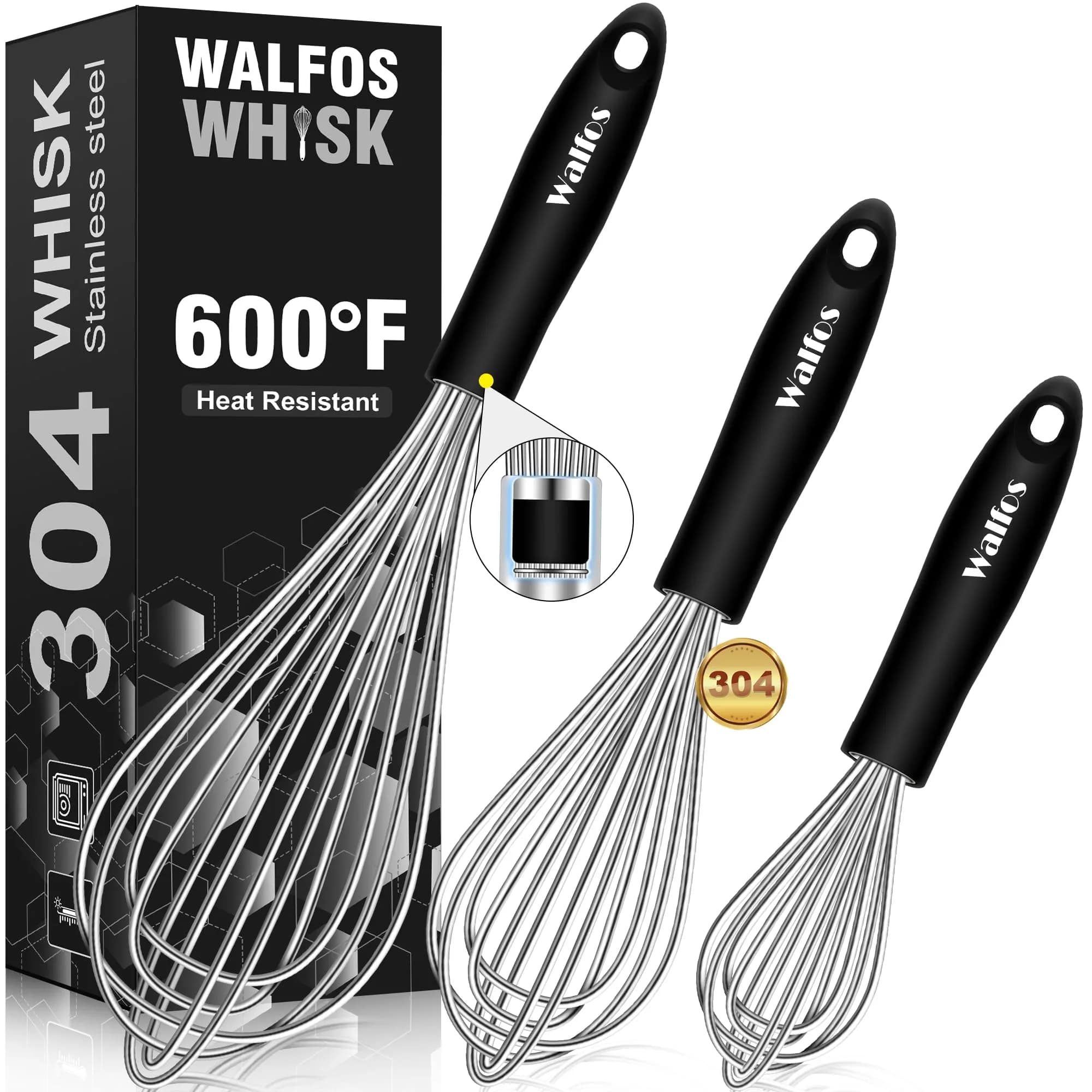 Walfos Stainless Steel Balloon Whisk Set (7"+9"+11") | 3-Piece Heavy Duty Egg Frother for Cooking