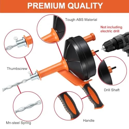 BACEYIOU Orange Drain Auger with Drill Adapter, 7.5m (25ft) Flexible Plumbing Snake | Clog Remover for Kitchen, Bathroom, Shower Sink thumbnail 6