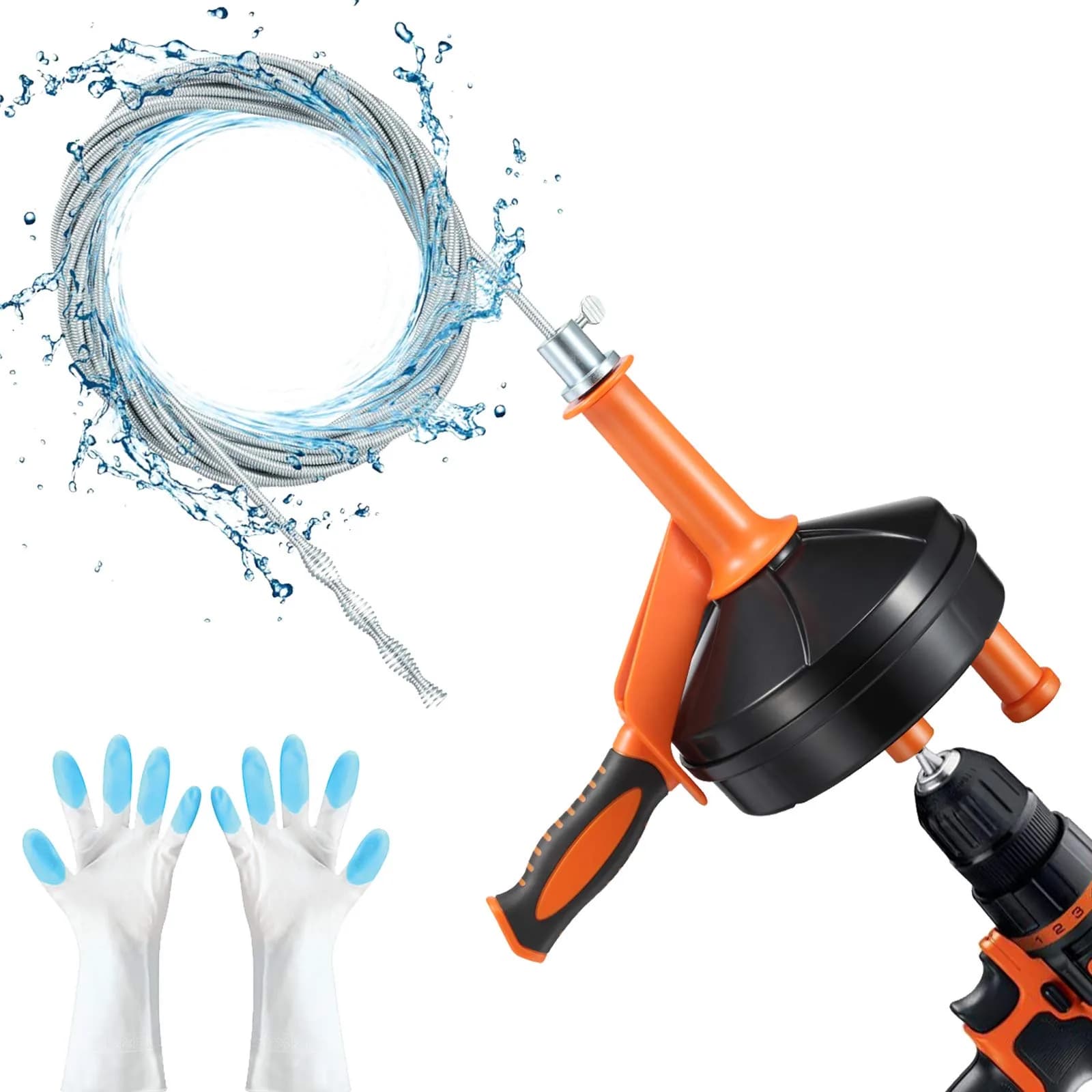 BACEYIOU Orange Drain Auger with Drill Adapter, 7.5m (25ft) Flexible Plumbing Snake | Clog Remover for Kitchen, Bathroom, Shower Sink - main product image