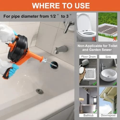 BACEYIOU Orange Drain Auger with Drill Adapter, 7.5m (25ft) Flexible Plumbing Snake | Clog Remover for Kitchen, Bathroom, Shower Sink thumbnail 2