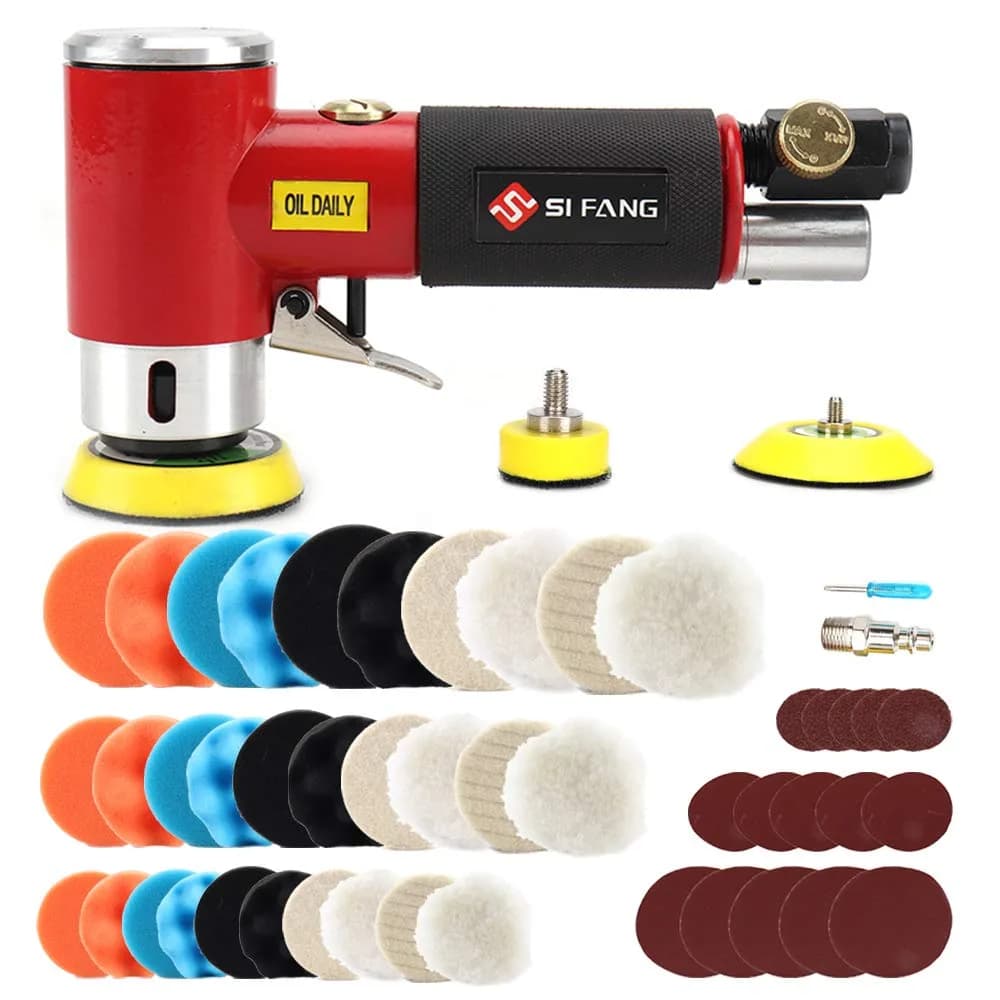 SI FANG Mini Air Sander Kit 125 mm (5 inch) | Pneumatic Random Orbital DA Sander with 48-Piece Pad & Disc Set