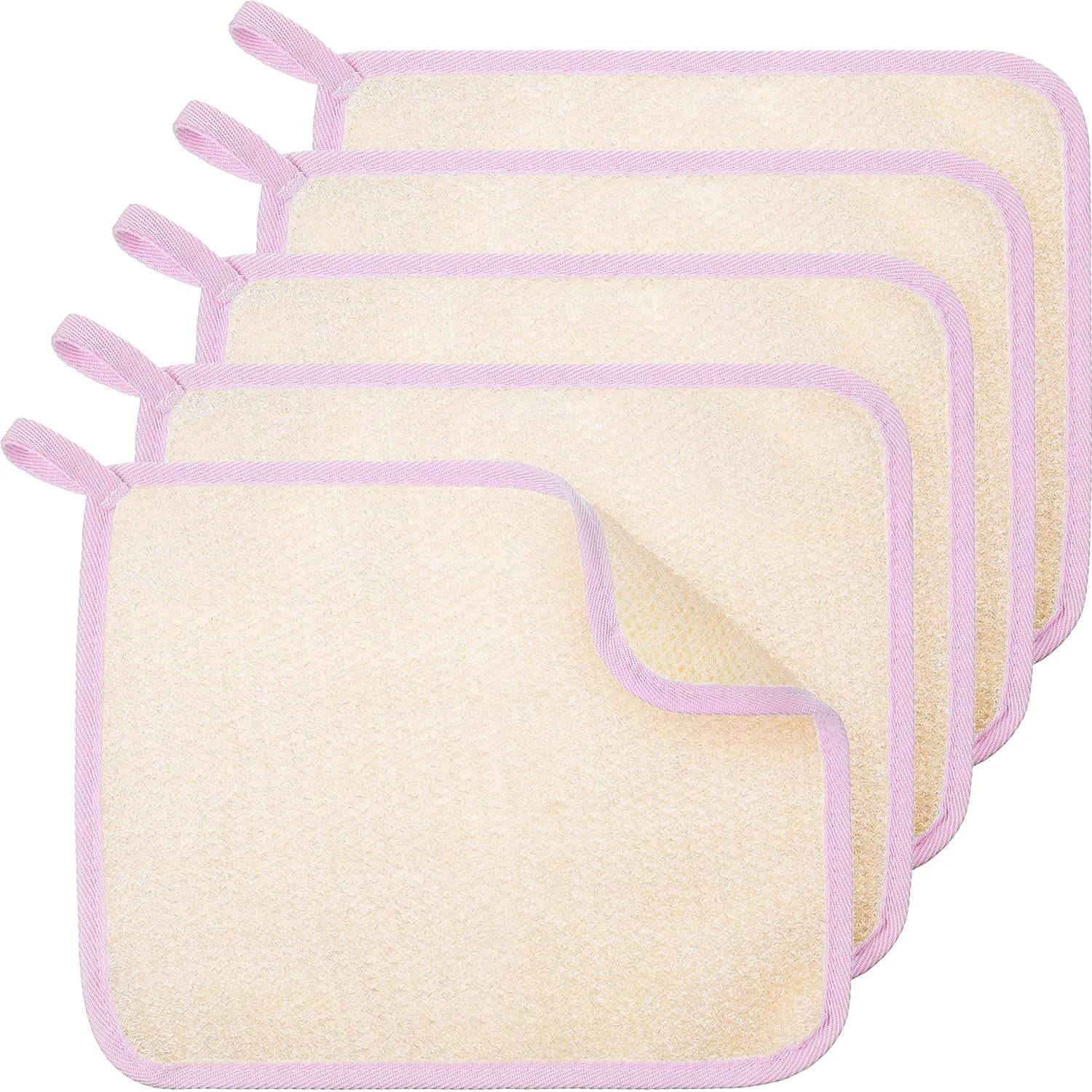 Tatuo 5 Pcs Exfoliating Washcloth Set | Dual-Sided Nylon Scrub & Soft Texture Towels — Pink Edge