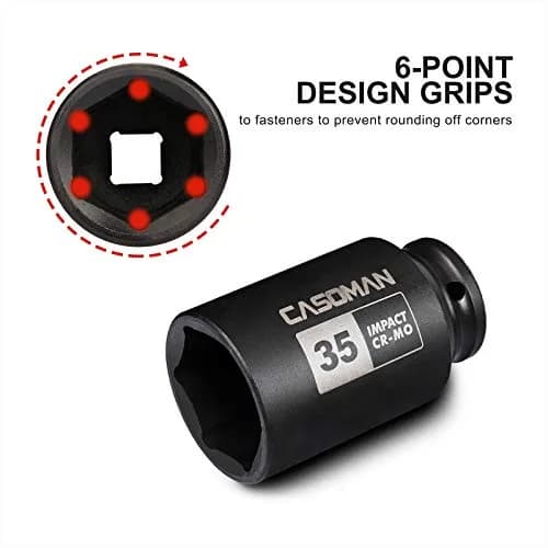 CASOMAN 1/2" Drive x 35 mm Deep 6 PT Impact Socket | CR-MO, 1/2-inch Drive 6 Point Axle Nut Socket for Easy Removal of Axle Shaft Nuts (35MM) thumbnail 2