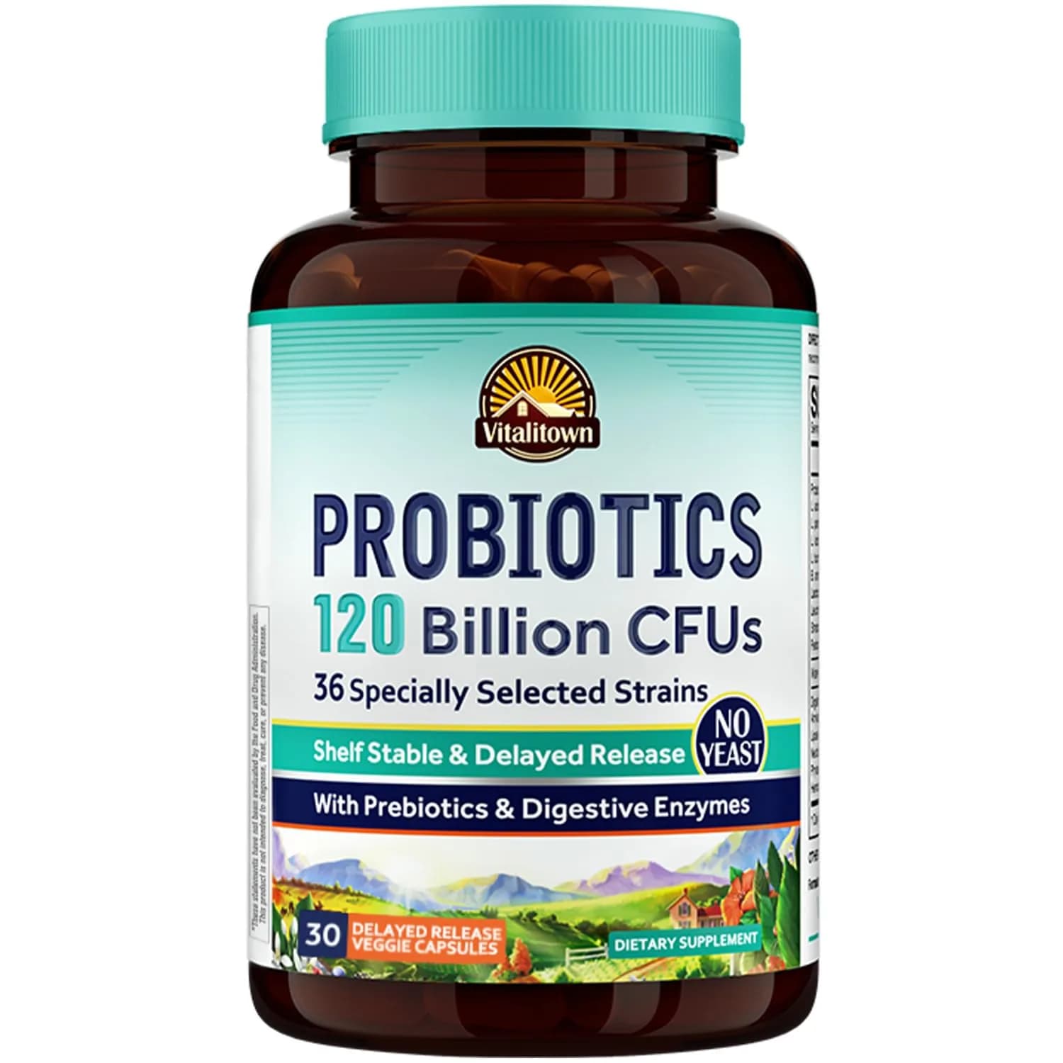 Vitalitown Probiotics 120 Billion CFUs | 36 Strains, with Prebiotics & Digestive Enzymes for Men Women | Shelf Stable | Digestive & Immune Support | Vegan, Non-GMO | 30 Delayed Release Veg Caps - main product image