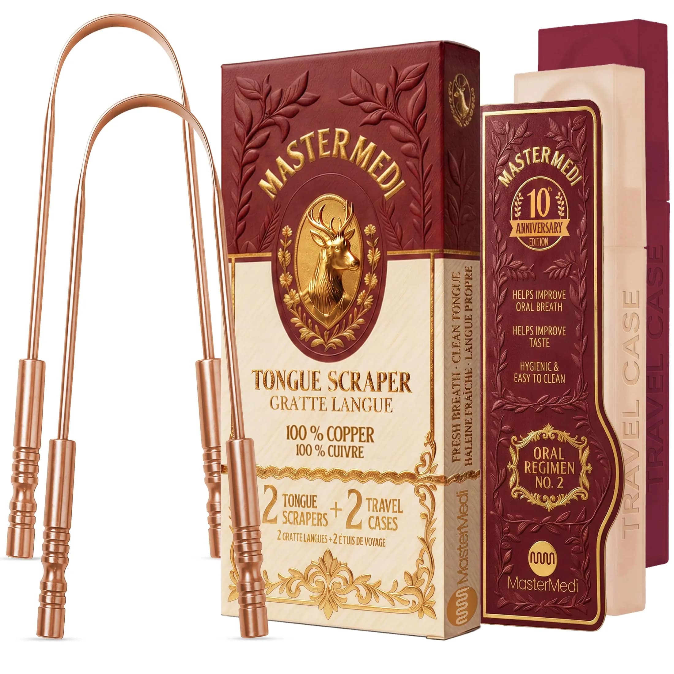 MasterMedi Copper Tongue Scraper Set of 2 with Travel Case | Ayurvedic Oral Care for Fresh Breath