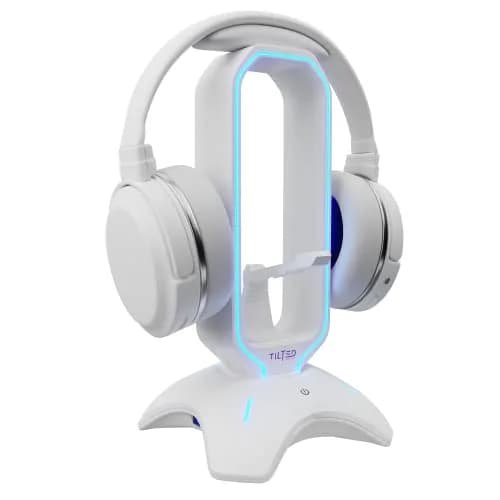 Tilted Nation Gaming Headphone Stand | RGB Headset Stand White | Headset Holder for Desk with Mouse Bungee and USB Hub | The Ultimate Gaming Accessories for Gamers for PS5, Xbox, PC - White thumbnail 1