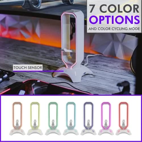 Tilted Nation Gaming Headphone Stand | RGB Headset Stand White | Headset Holder for Desk with Mouse Bungee and USB Hub | The Ultimate Gaming Accessories for Gamers for PS5, Xbox, PC - White thumbnail 4