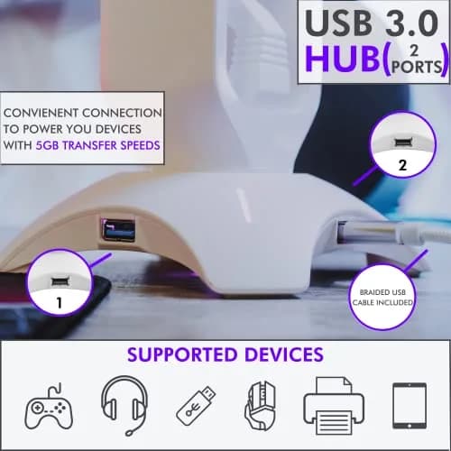 Tilted Nation Gaming Headphone Stand | RGB Headset Stand White | Headset Holder for Desk with Mouse Bungee and USB Hub | The Ultimate Gaming Accessories for Gamers for PS5, Xbox, PC - White thumbnail 5