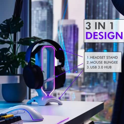 Tilted Nation Gaming Headphone Stand | RGB Headset Stand White | Headset Holder for Desk with Mouse Bungee and USB Hub | The Ultimate Gaming Accessories for Gamers for PS5, Xbox, PC - White thumbnail 2