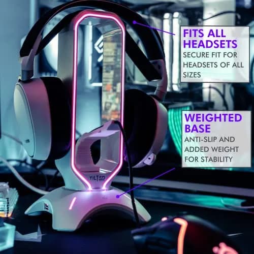 Tilted Nation Gaming Headphone Stand | RGB Headset Stand White | Headset Holder for Desk with Mouse Bungee and USB Hub | The Ultimate Gaming Accessories for Gamers for PS5, Xbox, PC - White thumbnail 3