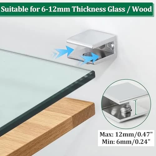 SAYAYO Glass Shelf Brackets Adjustable for 6-12 mm Wood/Glass Shelf | Durable Polished Chrome thumbnail 3