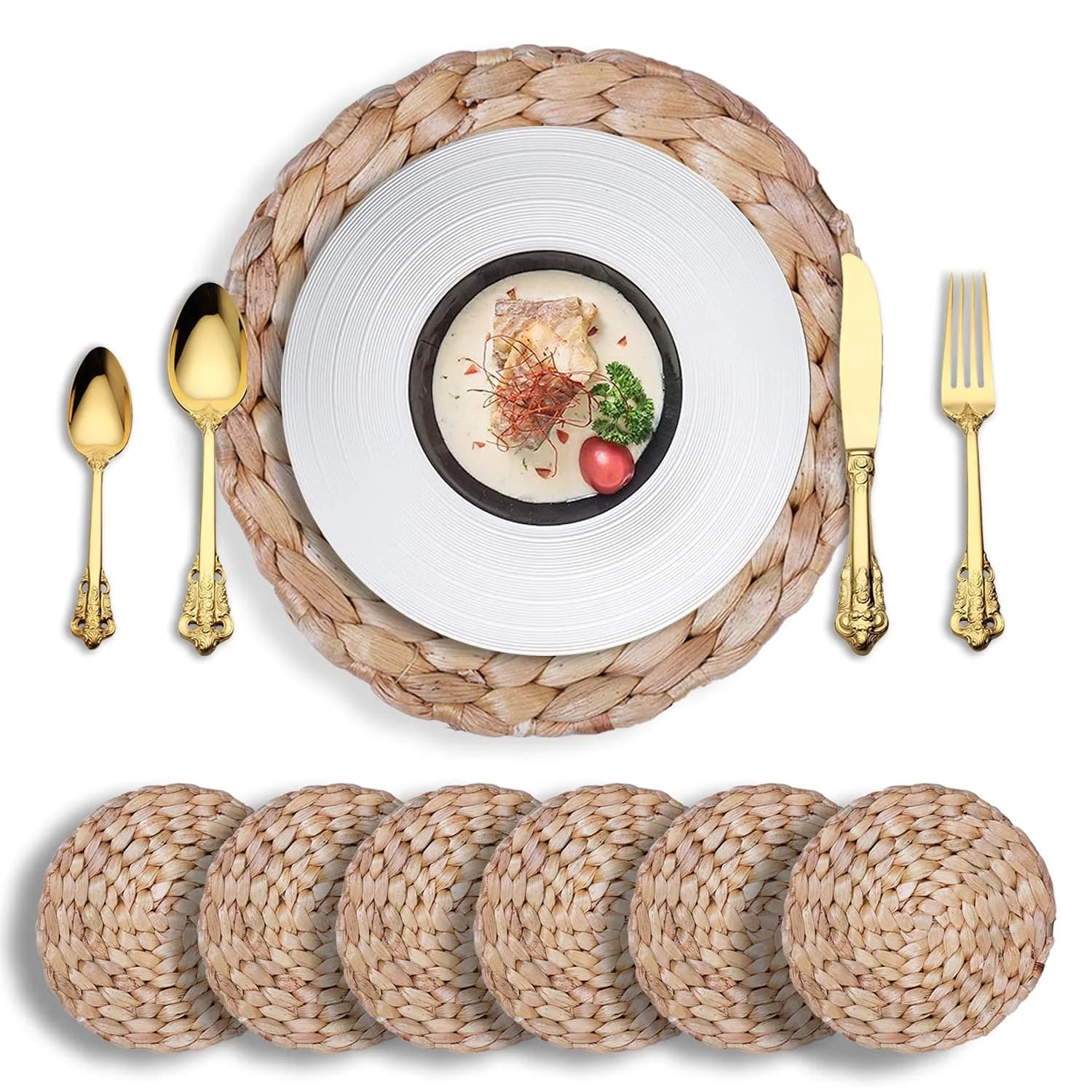 DMATSTORE Water Hyacinth Placemats - Round Woven Placemats - Trivets for Hot Dishes (Seagrass11.8-6pcs) | Rustic Heat-Resistant Table Decor - main product image