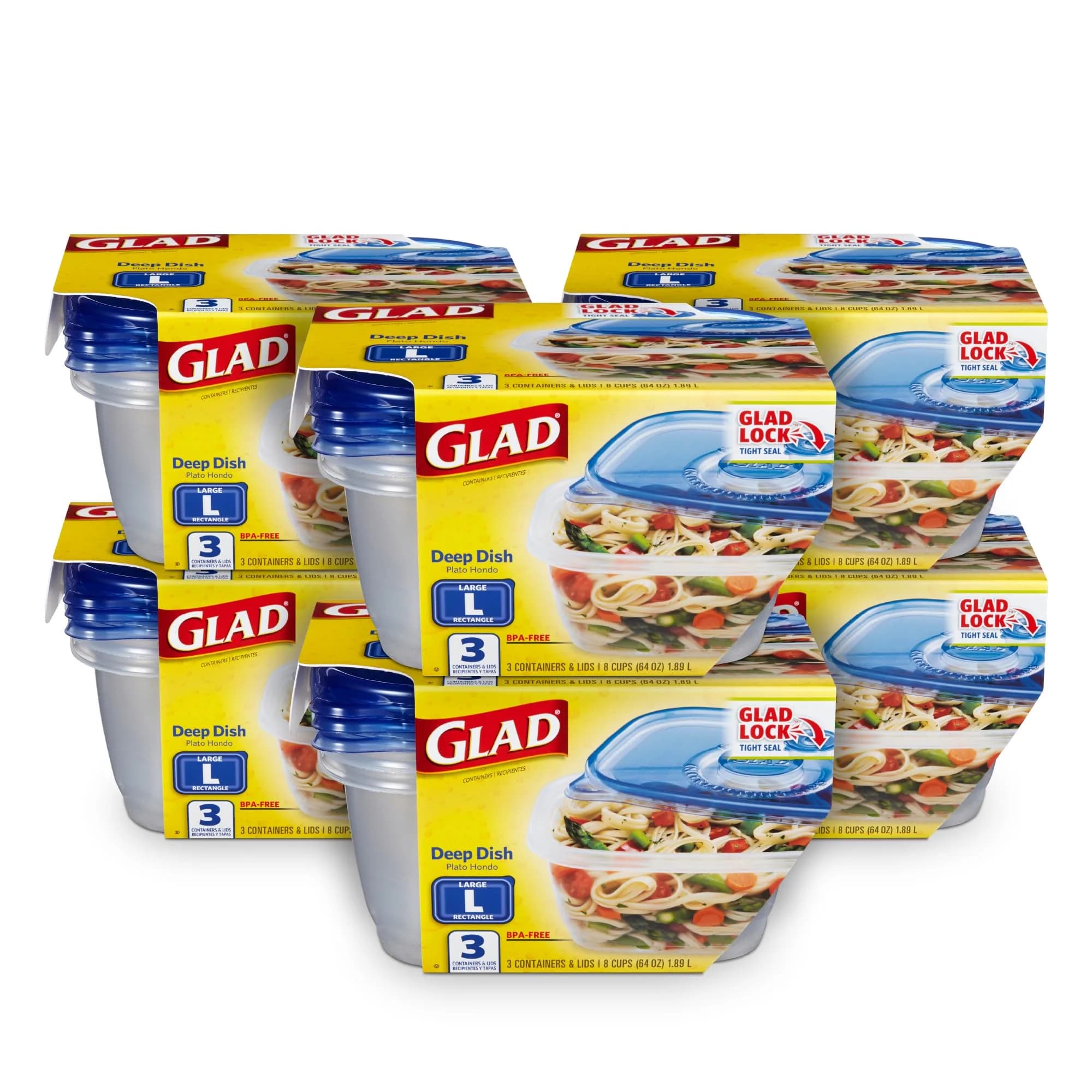 Glad Deep Dish Food Storage Containers 64 Oz | Leak-Proof, Microwave & Dishwasher Safe (3 Pack)