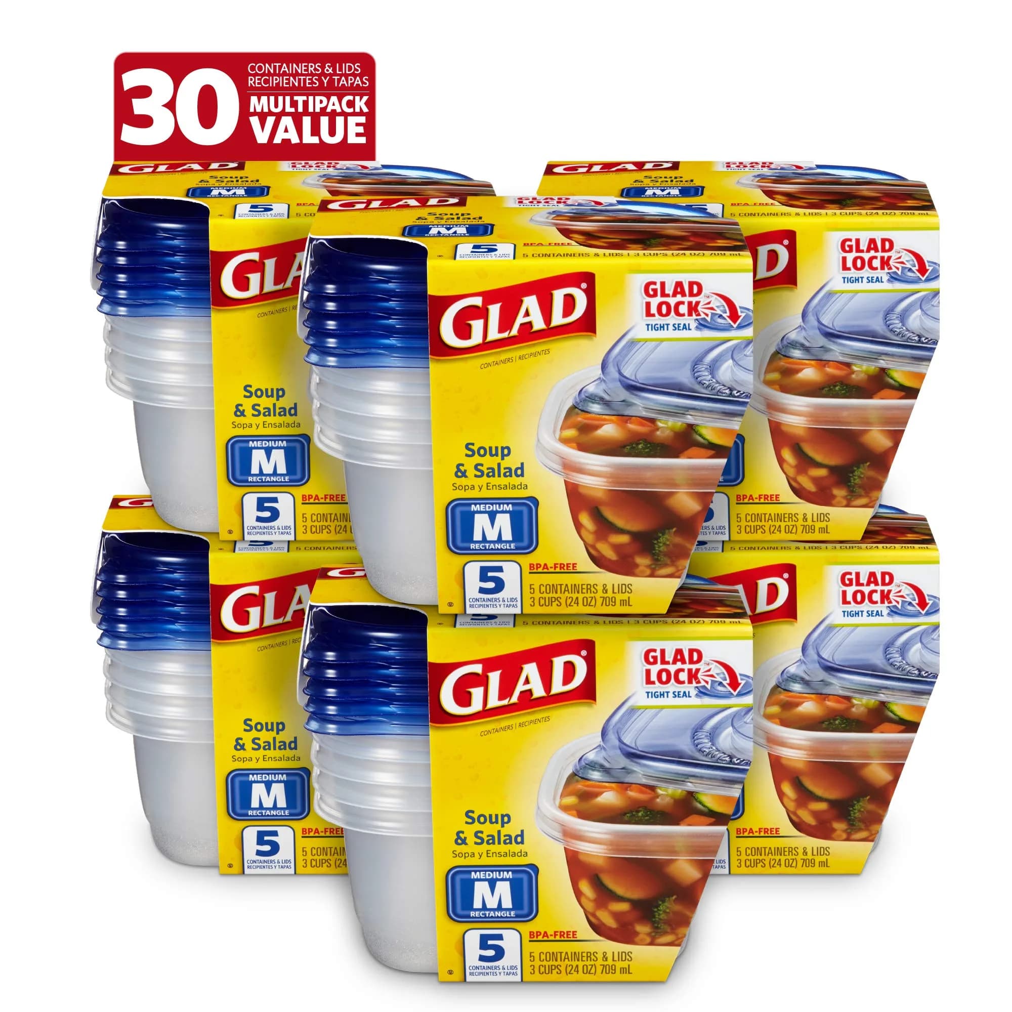 GladWare To-Go Medium Rectangle Containers - 24 Oz (30 Count) - Airtight & Leak-Resistant