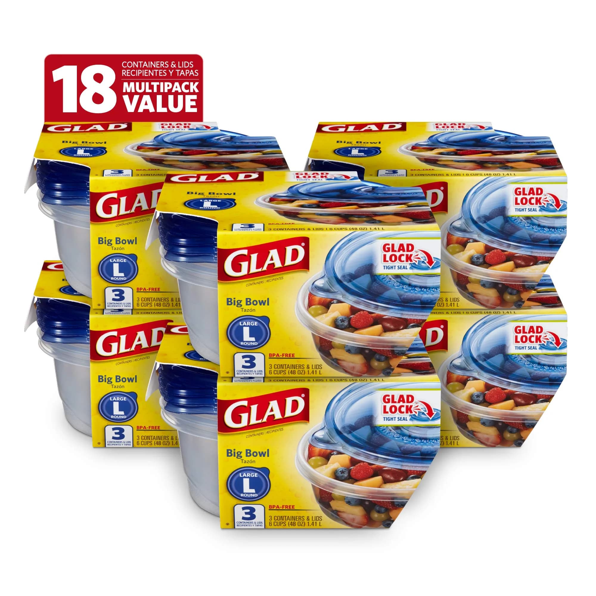 Glad Big Bowl Food Storage Containers 48 Oz | Leak-Resistant, Microwave & Dishwasher Safe, 3 Pack - main product image