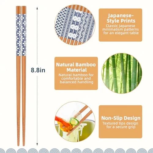 Antner Natural Bamboo Chopsticks 22.5 cm (8.8 Inch) | Japanese Style Print, 5 Pairs thumbnail 2