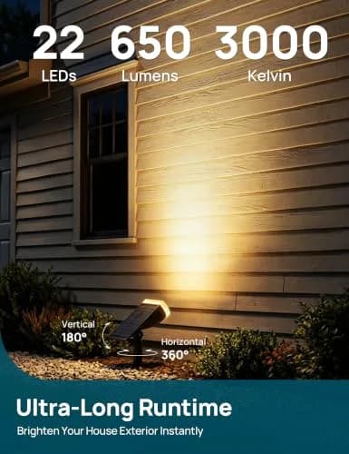 Linkind Solar Lights Outdoor Waterproof LED Spotlights 2 Pack | 650 Lumens, IP65 Weatherproof, Dusk-to-Dawn, Warm White thumbnail 5