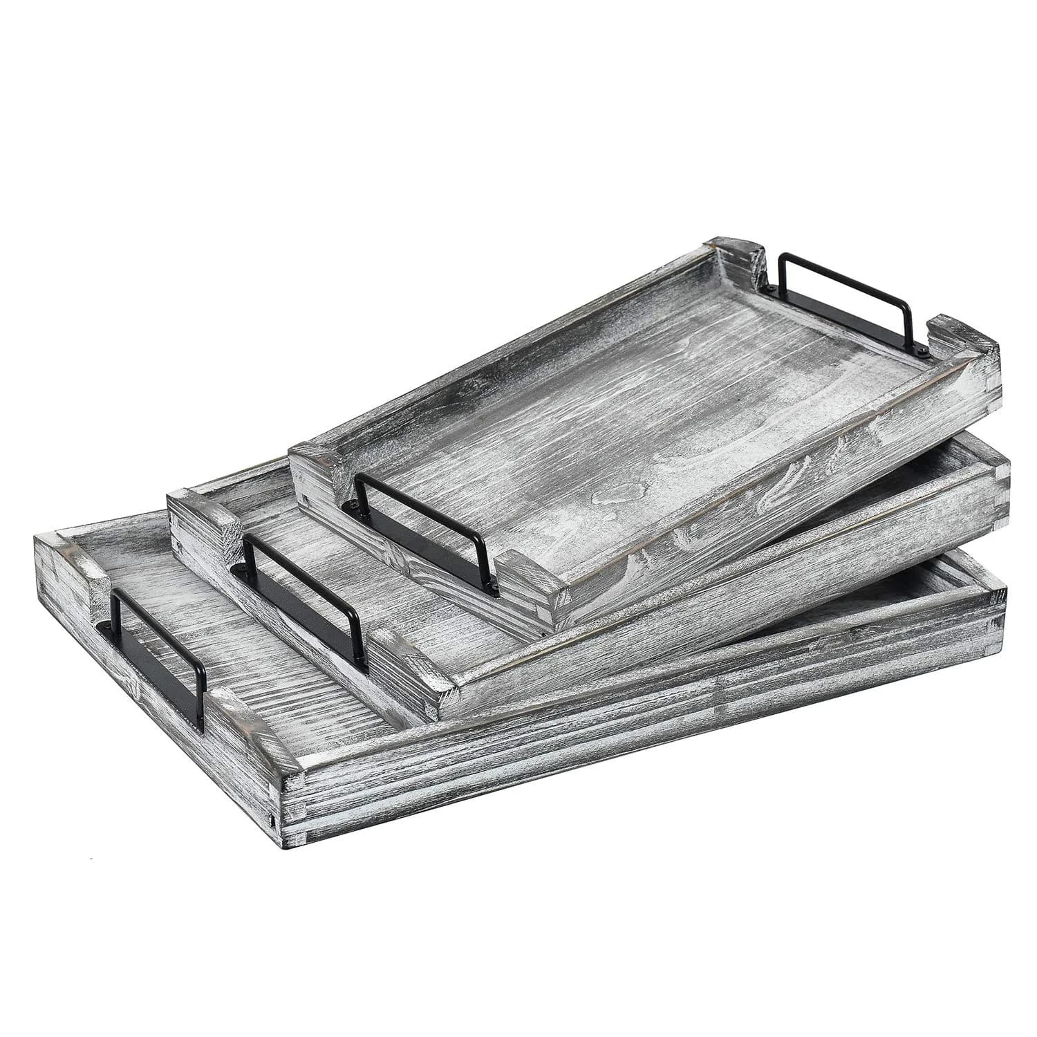 VERGOODR Torched Wood Nesting Serving Trays with Handles, Set of 3 | Rustic Farmhouse Style — White Grayish