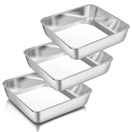 P&P CHEF Square Baking Pan Set 8.3x8.3x2 inches (21x21x5 cm) | 3-Piece Stainless Steel Brownie Pan thumbnail 1