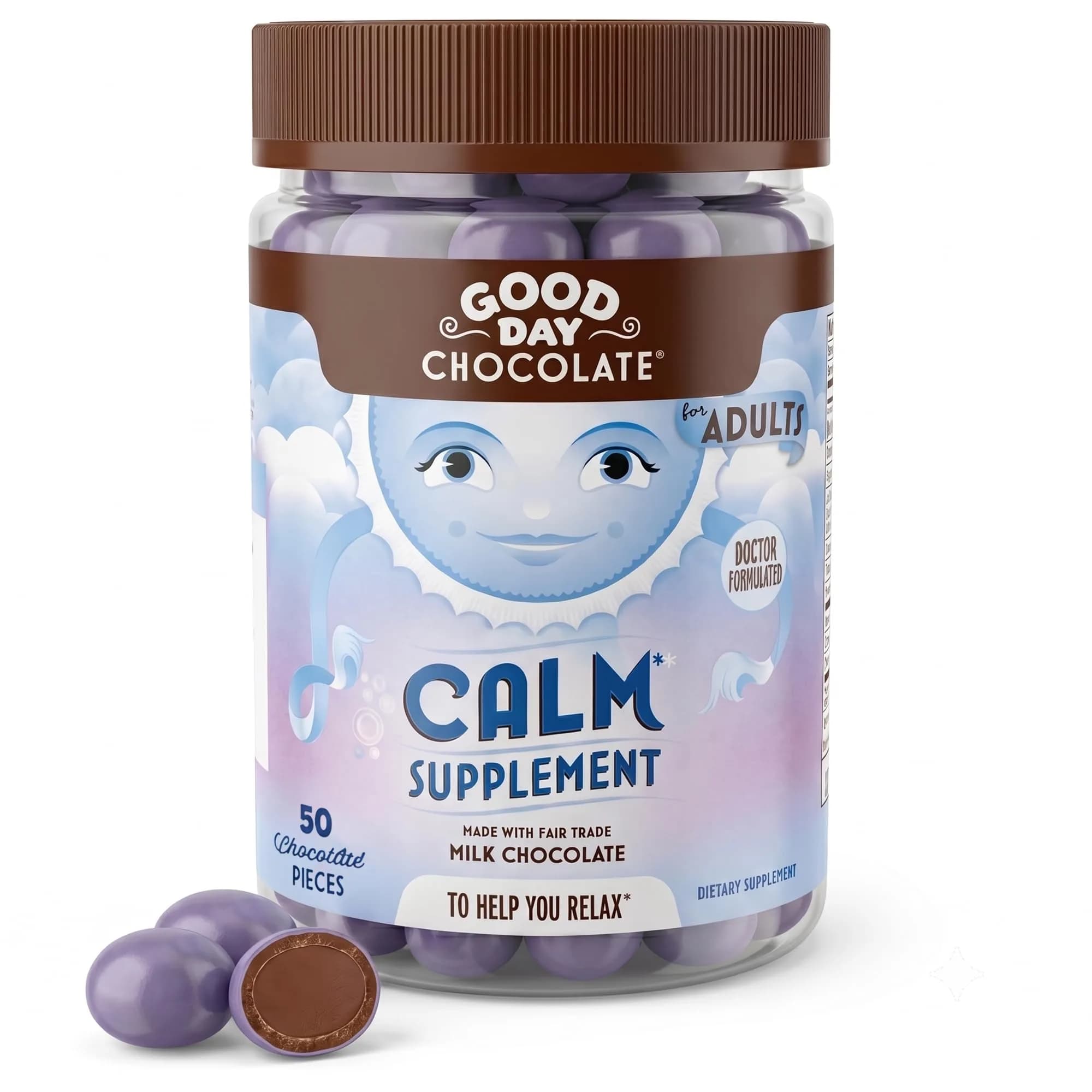 Good Day Chocolate Natural Calming Supplement for Adults, 50 Pieces | Magnesium & Chamomile Blend for Stress Relief