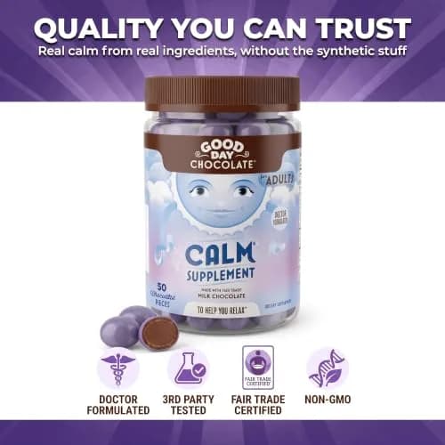 Good Day Chocolate Natural Calming Supplement for Adults, 50 Pieces | Magnesium & Chamomile Blend for Stress Relief thumbnail 4