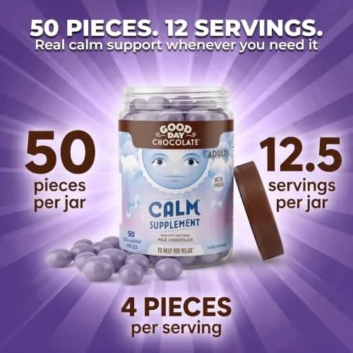 Good Day Chocolate Natural Calming Supplement for Adults, 50 Pieces | Magnesium & Chamomile Blend for Stress Relief thumbnail 3