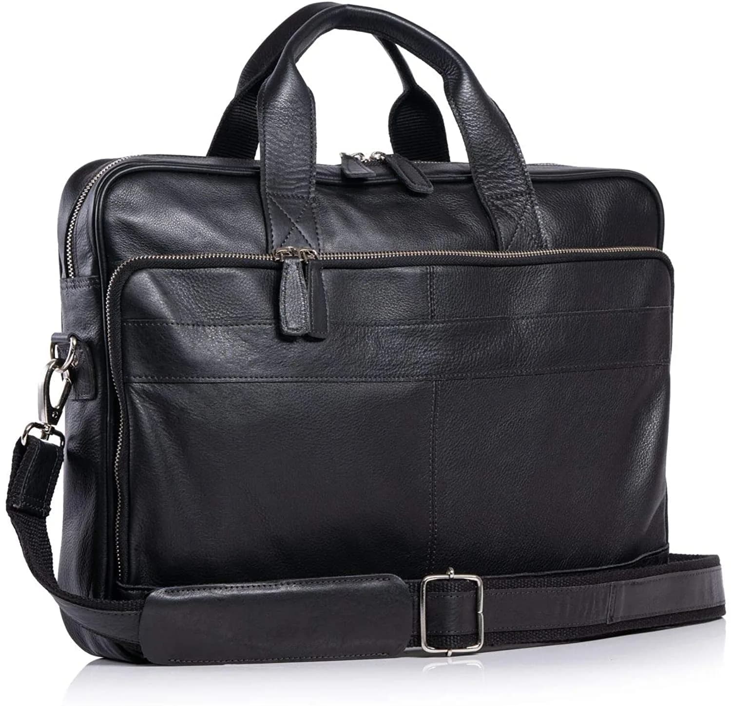 KomalC Leather Briefcase 16-inch Laptop Messenger Bag Satchel for Men and Women | Top Grain Buffalo Leather, YKK Zippers, Trolley Compatible — Black