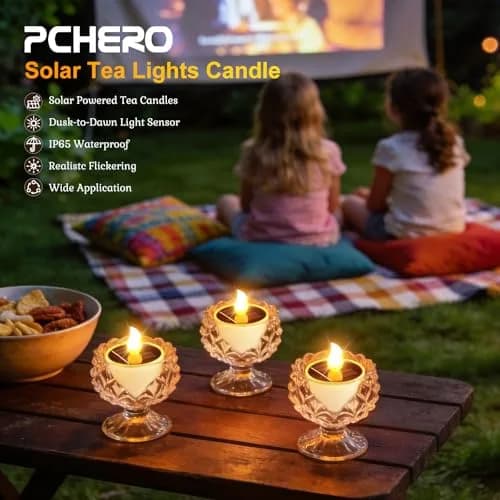 PChero Solar Tea Lights Outdoor, 6 Pack, IP65 Waterproof, Dusk to Dawn Flameless Flickering LED Candles, 2" Votive Size, Warm White Glow | 5.08cm (2") thumbnail 2