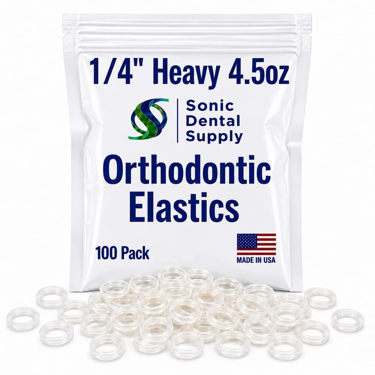 Sonic Dental Supply Clear Elastic Rubber Bands 1/4 inch Heavy 4.5 oz (100 Pack) | Latex-Free Orthodontic Bands for Braces, Hair Braids, Crafts - main product image