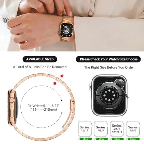 Bestig Stainless Steel Metal Band Compatible with Apple Watch 38mm/40mm/41mm/42mm | Rose Gold 5-Bead Bracelet thumbnail 6