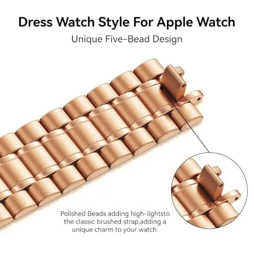 Bestig Stainless Steel Metal Band Compatible with Apple Watch 38mm/40mm/41mm/42mm | Rose Gold 5-Bead Bracelet thumbnail 2