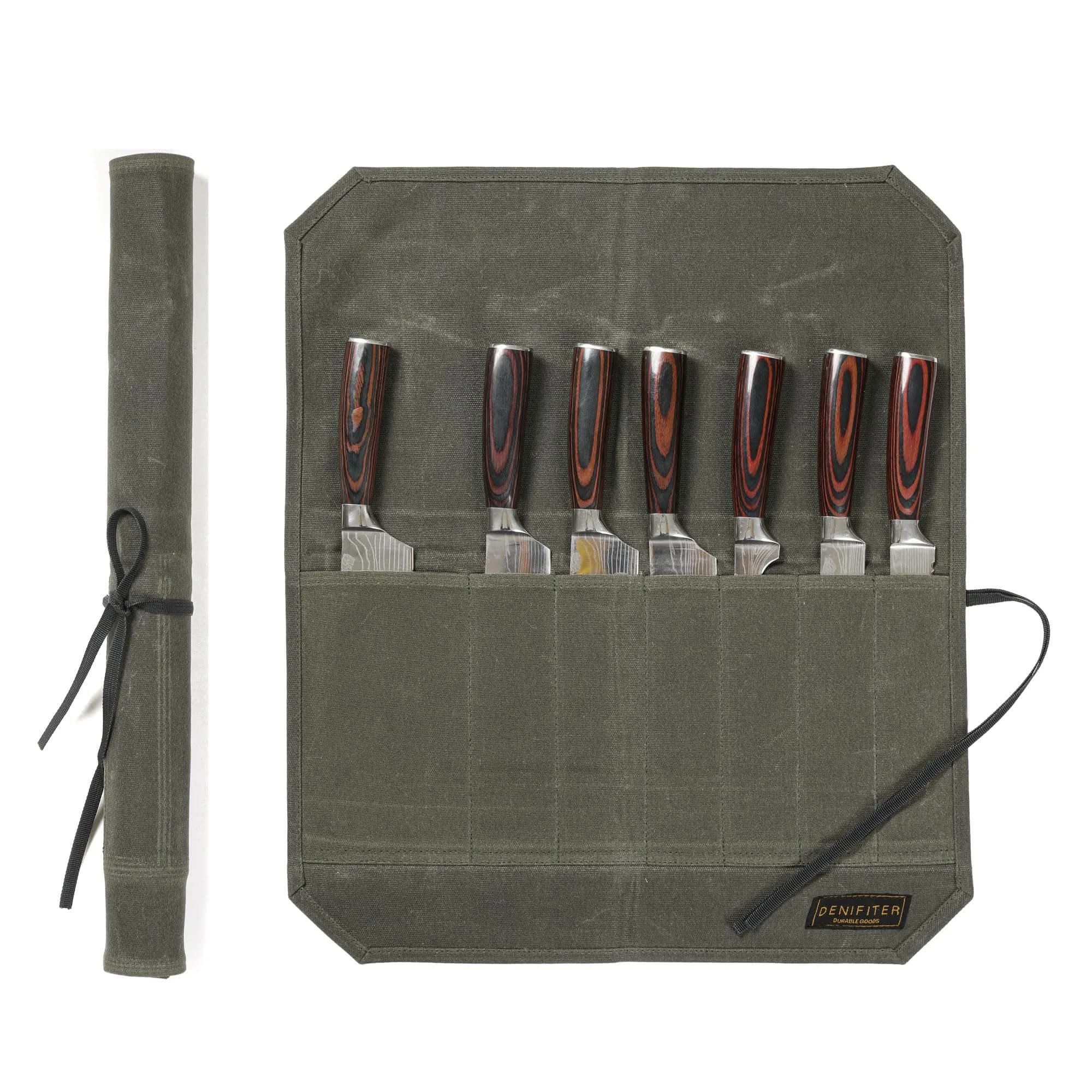 Denifiter Heavy Duty Waxed Canvas Chef Knife Roll Bag with 7 Slots | Holds Knives up to 17" (Black) — Army Green