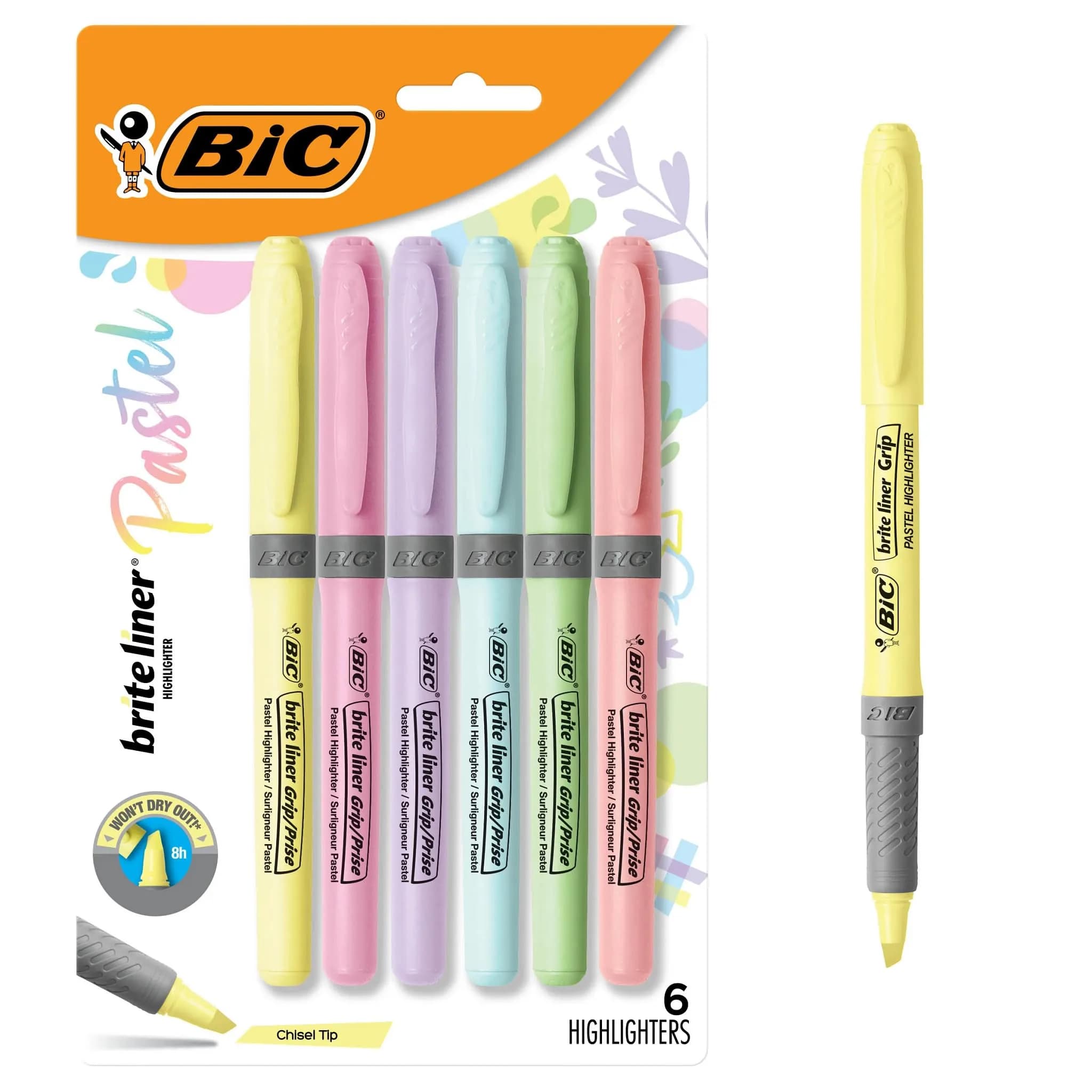 BIC Brite Liner Grip Pastel Highlighter Set, Chisel Tip, 6-Count Pack | Smooth Ink Flow Marking Pen — Assorted Pastel Ink Colors