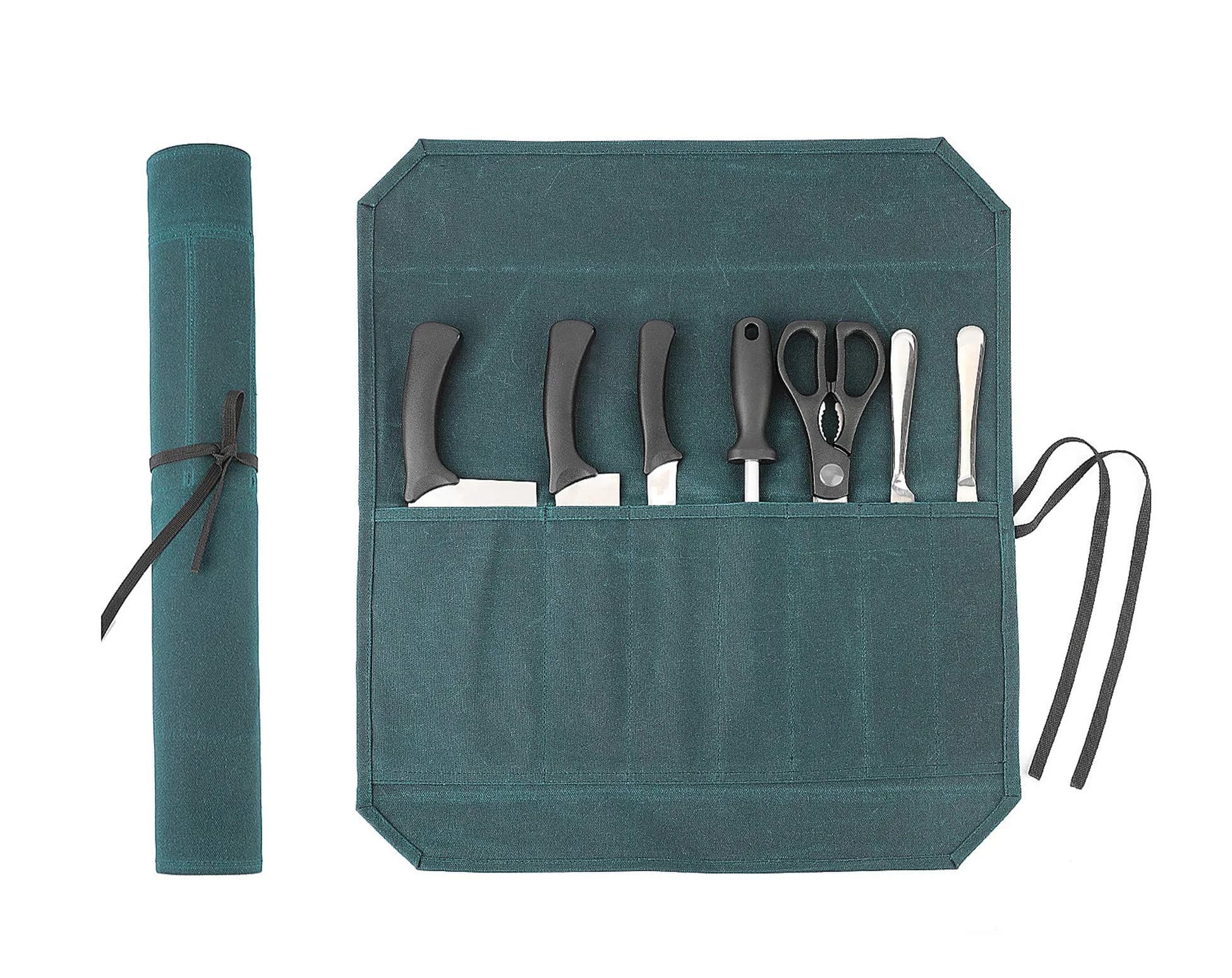 Denifiter Heavy Duty Waxed Canvas Chef Knife Roll Bag with 7 Slots | Holds Knives up to 17" (Black) — Dark Green