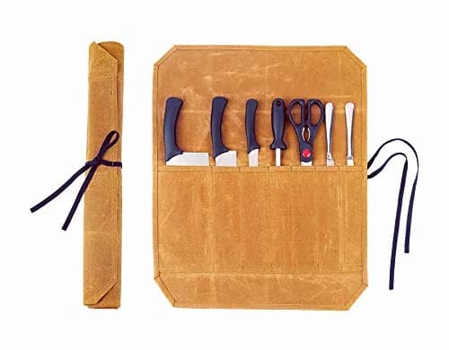 Denifiter Waxed Canvas Knife Roll Bag - 7 Pockets, 55cm x 44cm Khaki | Durable & Water-Resistant for Chefs thumbnail 1