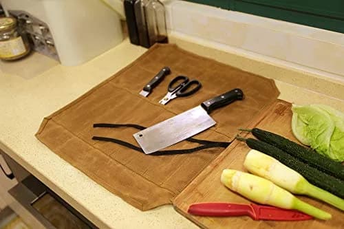 Denifiter Waxed Canvas Knife Roll Bag - 7 Pockets, 55cm x 44cm Khaki | Durable & Water-Resistant for Chefs thumbnail 6