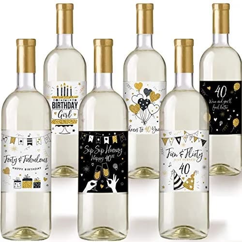 Printed Party 40th Birthday Wine Bottle Labels Black and Gold Set of 6 | Waterproof Vinyl Party Decor thumbnail 4