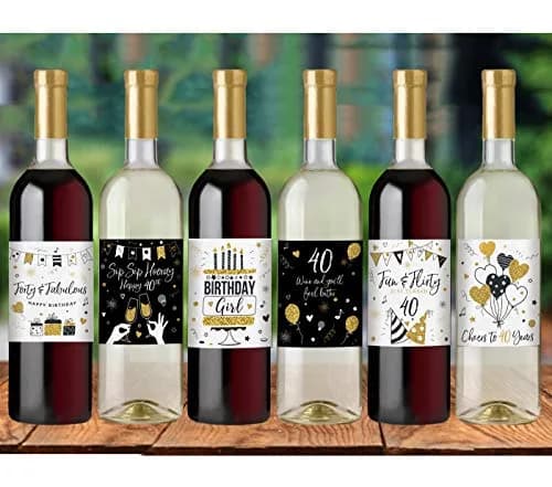 Printed Party 40th Birthday Wine Bottle Labels Black and Gold Set of 6 | Waterproof Vinyl Party Decor thumbnail 5