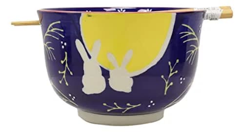 Ebros Gift Whimsical 2 Bunny Rabbits Jumping Over A Full Yellow Moon Soup Bowl 6.25" Diameter | Whimsical Asian Dining Decor thumbnail 1