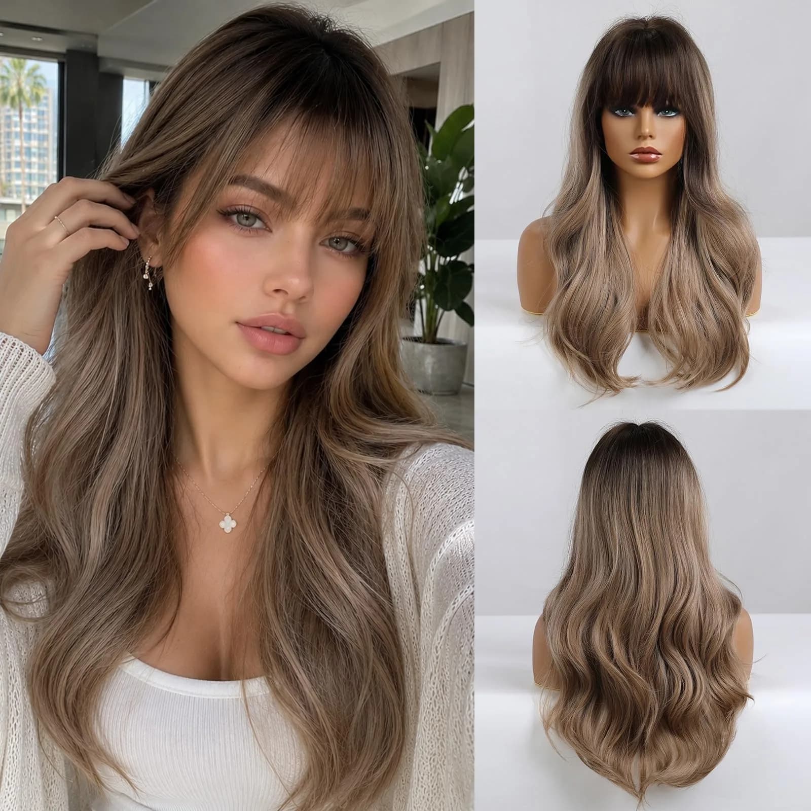 Esmee 24" Long Wavy Synthetic Dark Blonde Wig with Bangs | Natural Look & Heat-Resistant