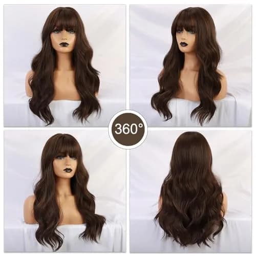 Esmee 24" Long Wavy Synthetic Dark Brown Wig with Bangs | Natural Look & Heat Resistant thumbnail 5