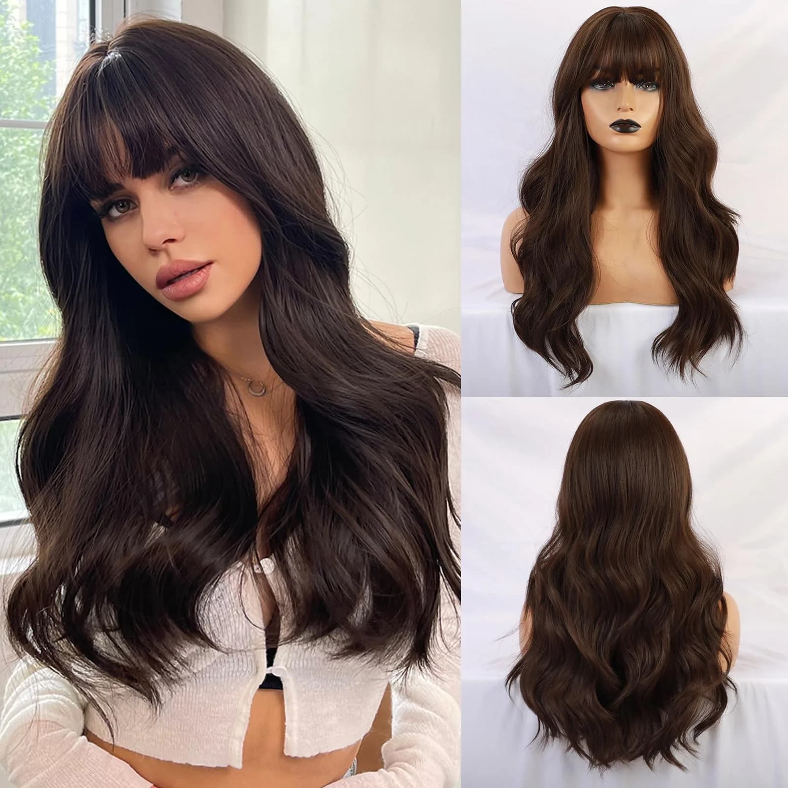 Esmee 24" Long Wavy Blond Synthetic Wig with Fluffy Air Bangs | 250g (8.8oz) Heat Resistant — Dark Brown