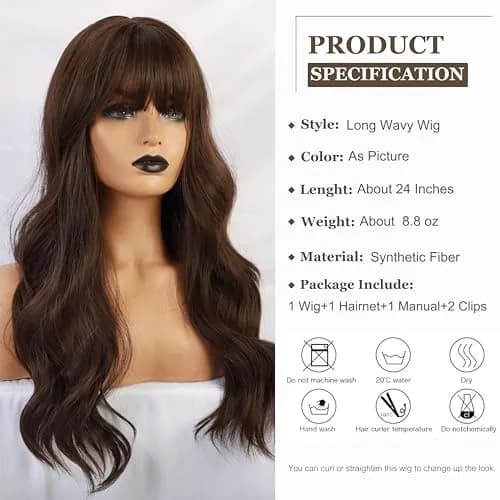 Esmee 24" Long Wavy Synthetic Dark Brown Wig with Bangs | Natural Look & Heat Resistant thumbnail 2
