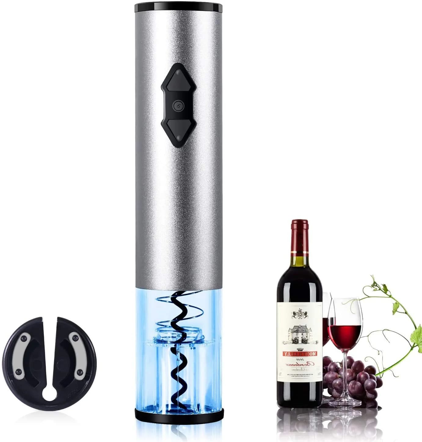 Kavydens Electric Wine Opener, Cordless Bottle Opener with Foil Cutter | Battery Operated, Stainless Steel, Blue LED Lights - main product image
