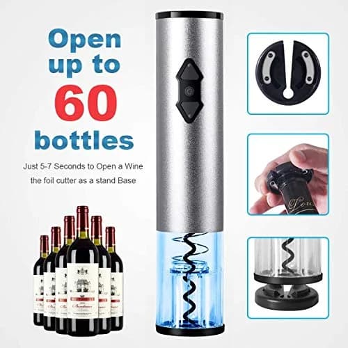 Kavydens Electric Wine Opener, Cordless Bottle Opener with Foil Cutter | Battery Operated, Stainless Steel, Blue LED Lights thumbnail 4