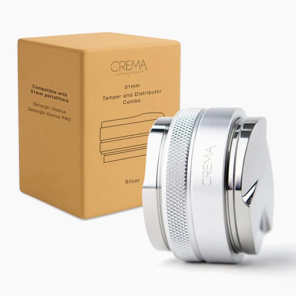 CREMA 51mm Coffee Distributor & Hand Tamper for Delonghi | Black | 1lb 3oz (595g) — Silver / 51mm